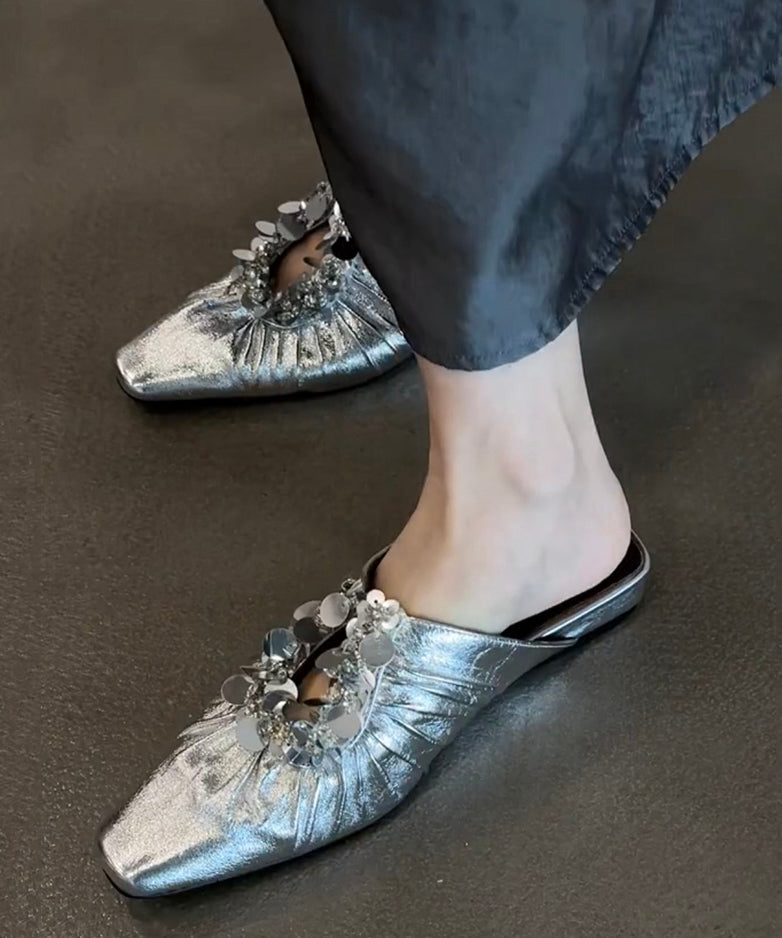Slide Sandals Splicing Sequins Black French Wrinkled FashionChic