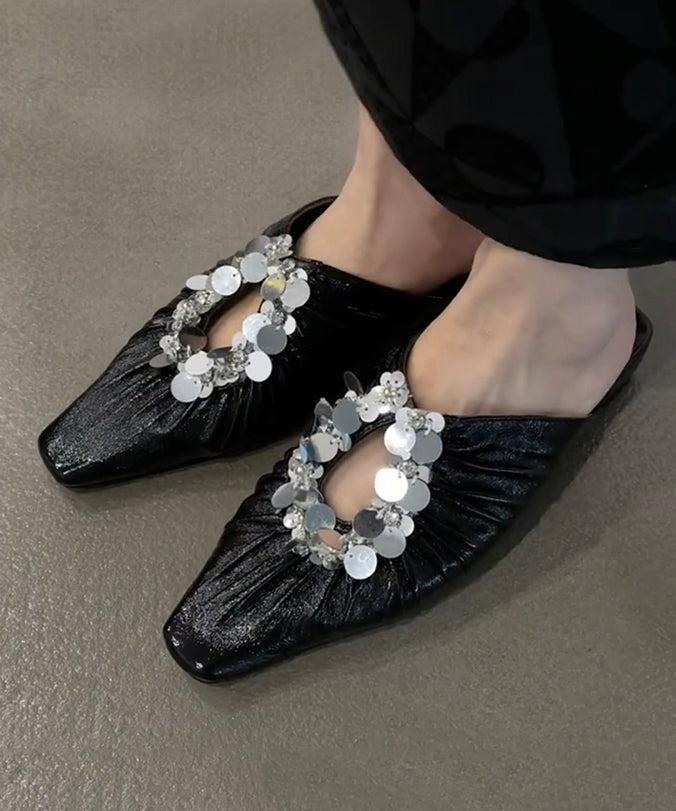 Slide Sandals Splicing Sequins Black French Wrinkled FashionChic