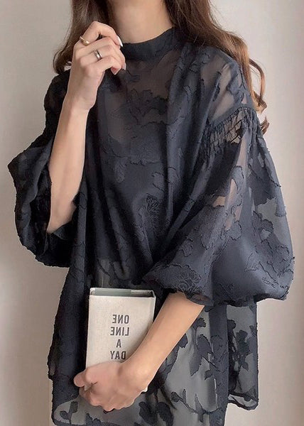 Fall Black Jacquard Collar French Top Chiffon Stand FashionChic