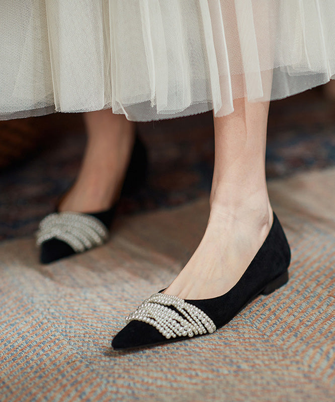 Flat Splicing French Nail Bead Shoes Pointed Toe Suede Black FashionChic