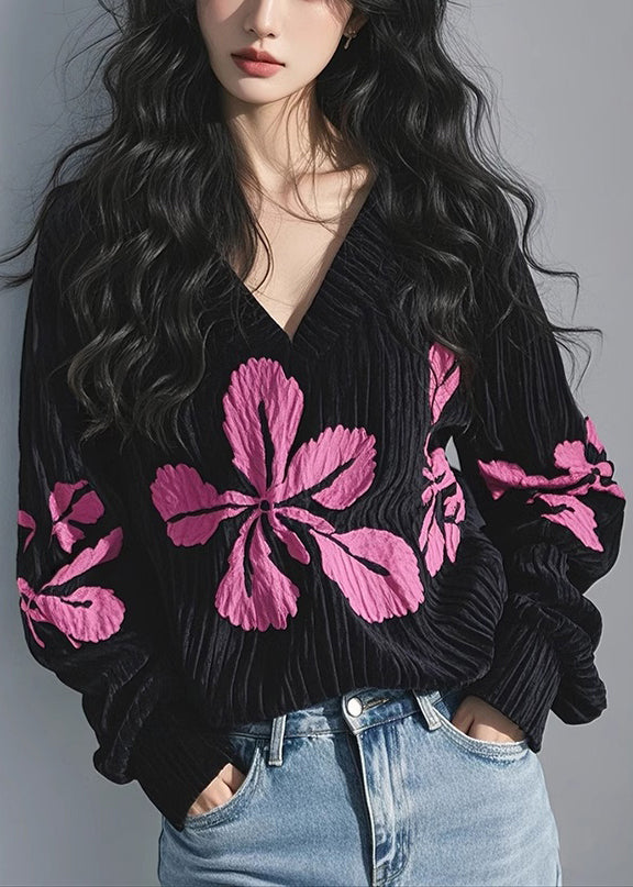 Spring Shirt T Black Neck Corduroy Print Top French V FashionChic