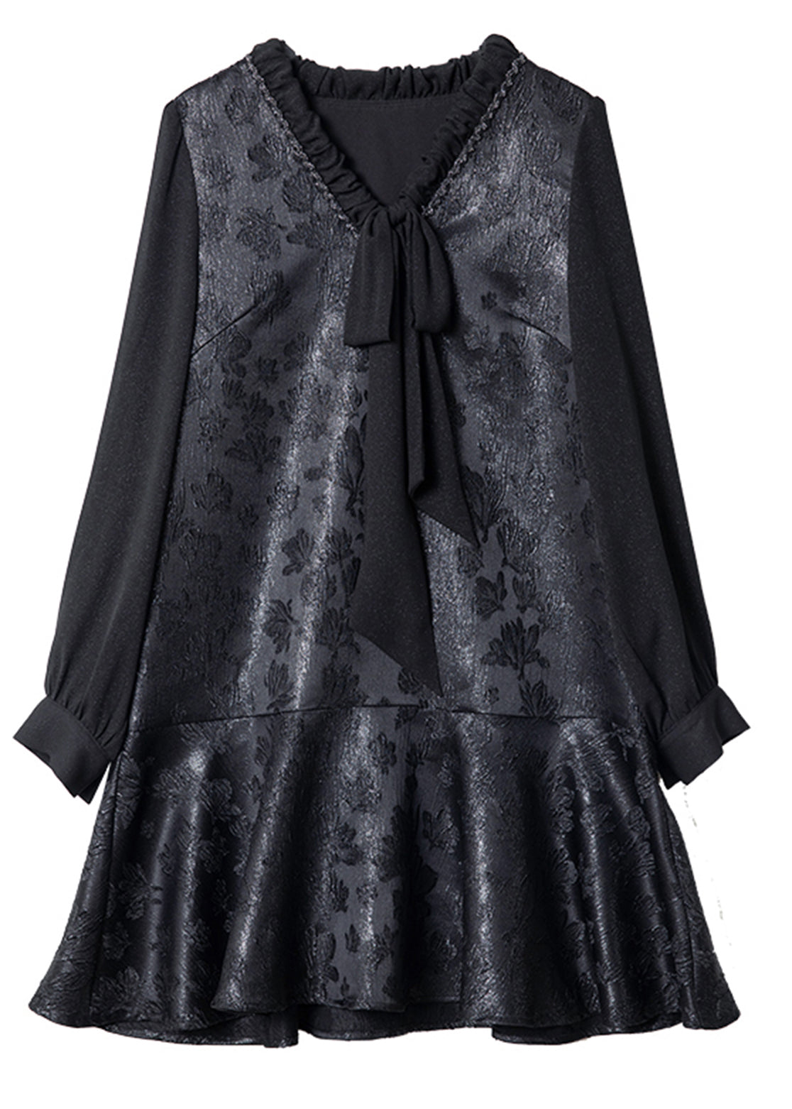 French Black V Neck Ruffled Bow Silk Vacation Mid Dresses Spring TE039 ABC
