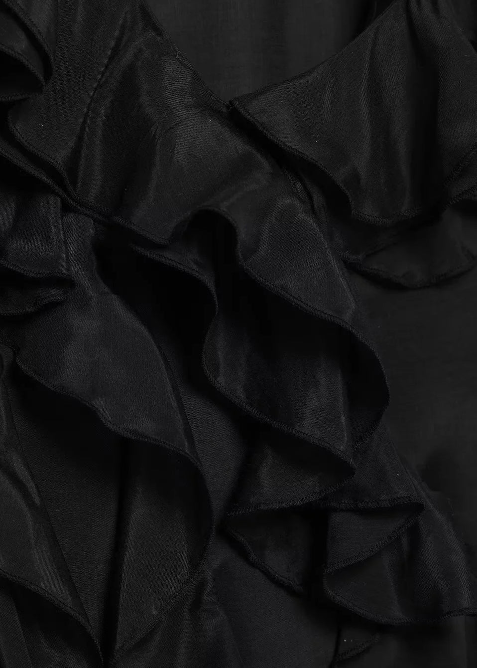 Ruffled Neck Long Dress Sleeveless French V Black Cotton FashionChic