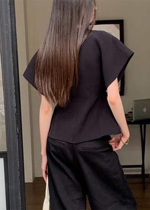 Black Solid V Neck Summer Shirt Spandex French FashionChic