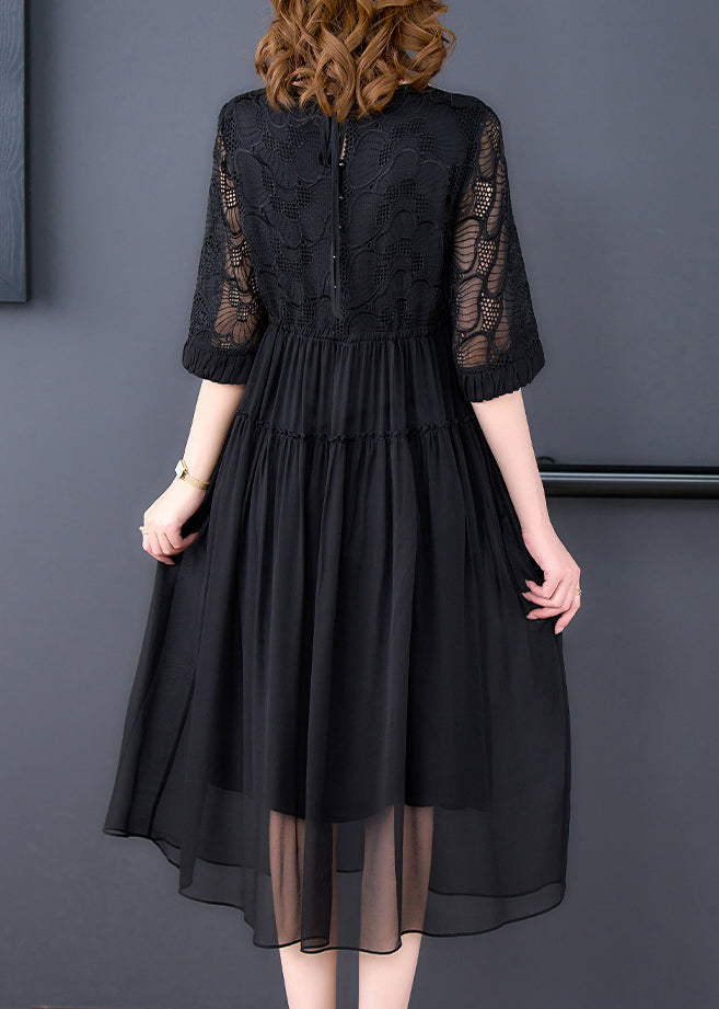 French Black Wrinkled Lace Up Chiffon Long Dress Half Sleeve OP1008 Ada Fashion