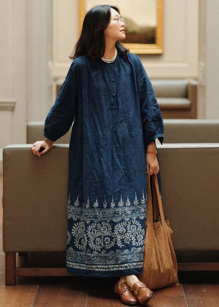 French Blue Button Print Maxi Dresses Long Sleeve MN054 MMDM-FDL240704