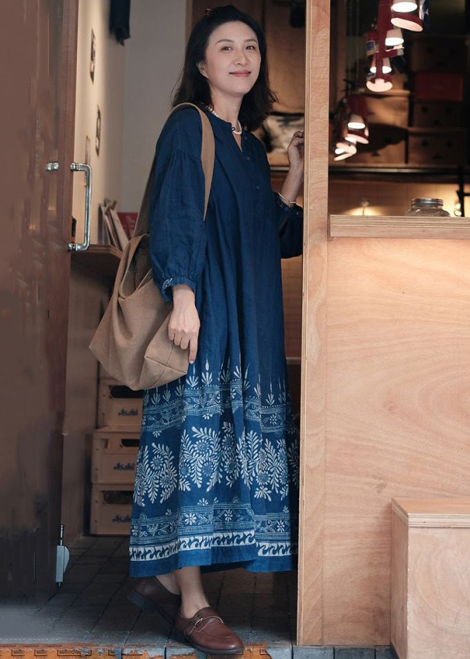 French Blue Button Print Maxi Dresses Long Sleeve MN054 MMDM-FDL240704