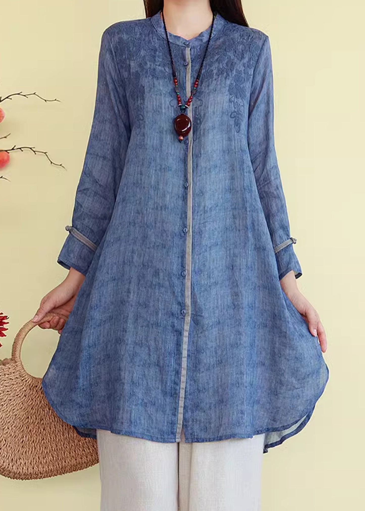 French Linen Blue Embroidered Fall Button Shirts FashionChic