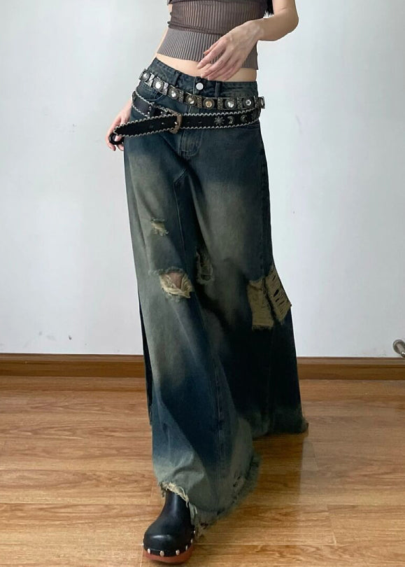 French Blue Hole High Waist Denim Maxi Skirts Summer AW1014 OM-NZ240827