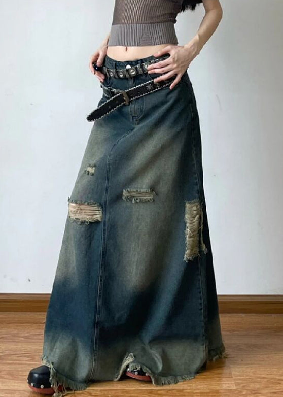 French Blue Hole High Waist Denim Maxi Skirts Summer AW1014 OM-NZ240827