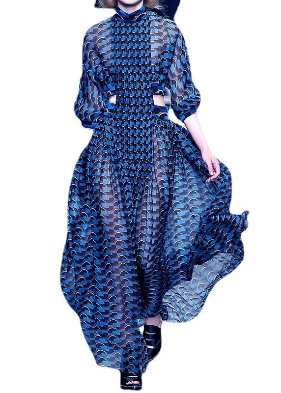 French Blue Hollow Out Print Chiffon Long Dresses Long Sleeve WW1060 Ada Fashion