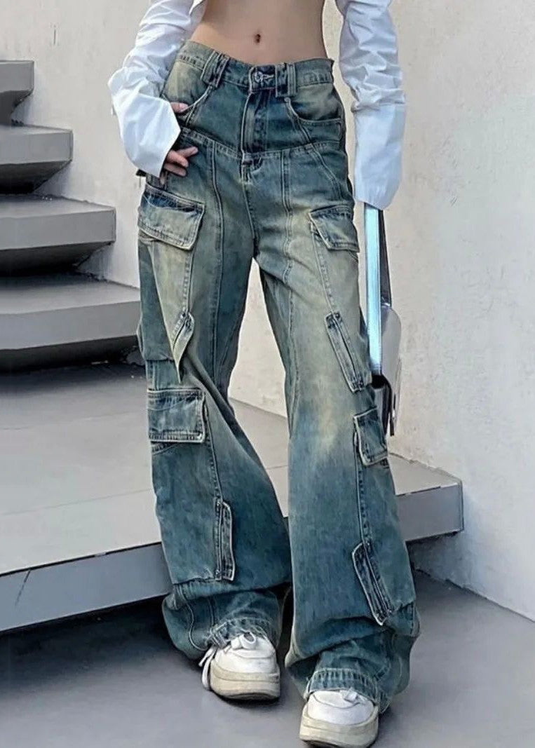 French Blue Pockets Elastic Waist Denim Pants Fall QF041 Men-LPTS241016
