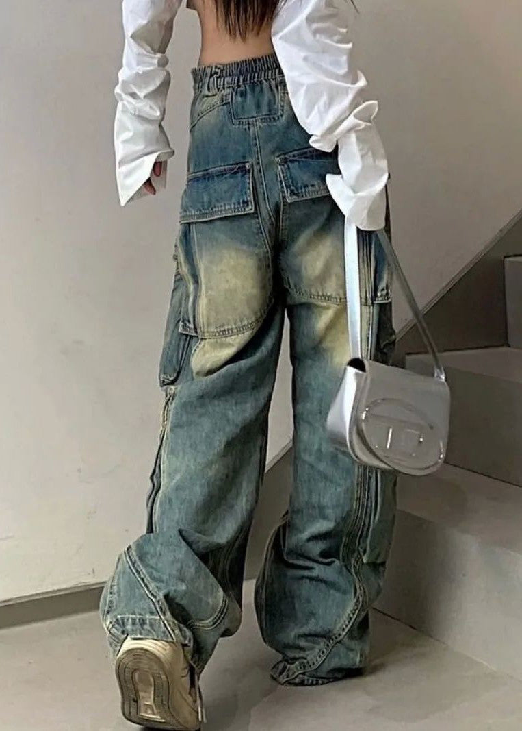 French Blue Pockets Elastic Waist Denim Pants Fall QF041 Men-LPTS241016