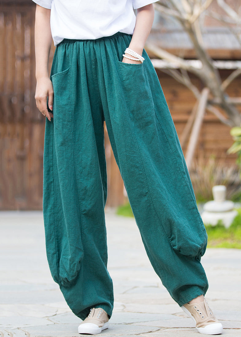 French Blue Pockets Elastic Waist Linen Pants Summer QE038 MZF-LPTS240927