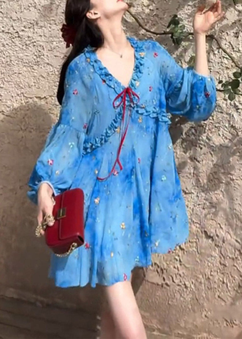 Puff Sleeve Dresses Ruffled French Blue Print Chiffon FashionChic