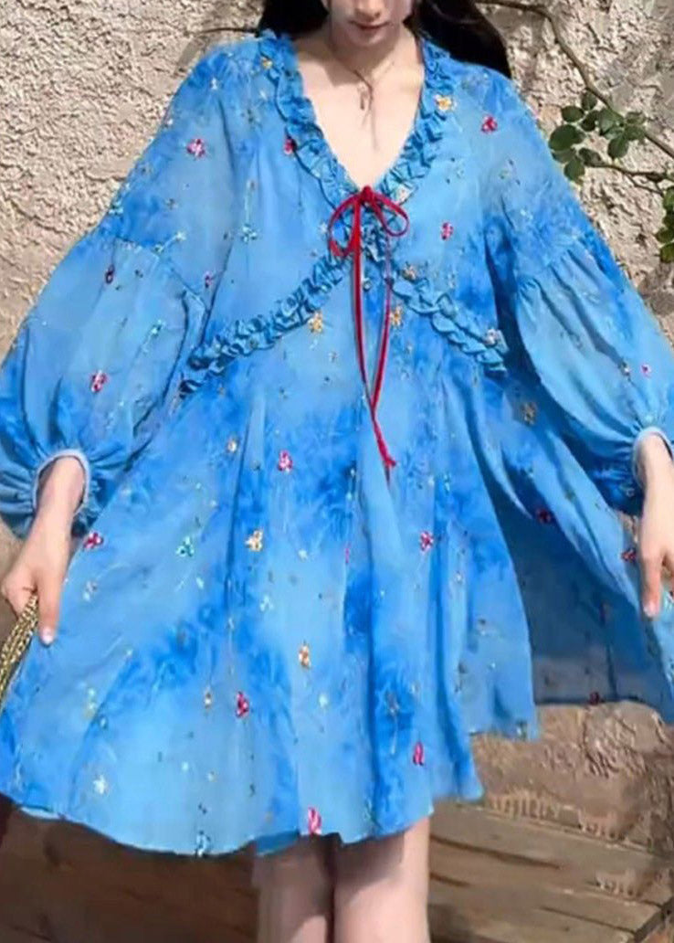 Puff Sleeve Dresses Ruffled French Blue Print Chiffon FashionChic