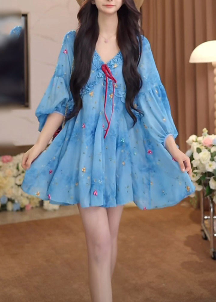 Puff Sleeve Dresses Ruffled French Blue Print Chiffon FashionChic