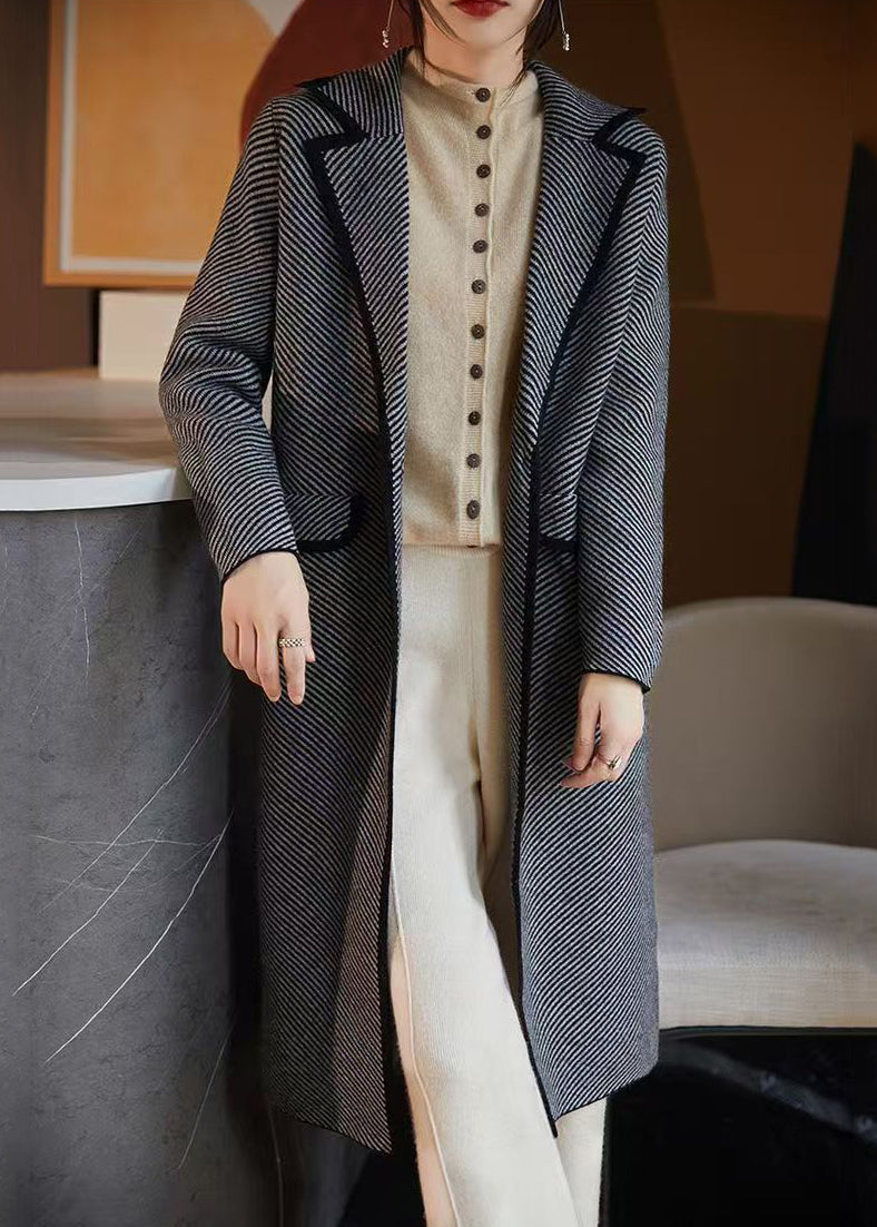 French Blue Striped Pockets Woolen Coats Fall AB1042 Genistyle Shop