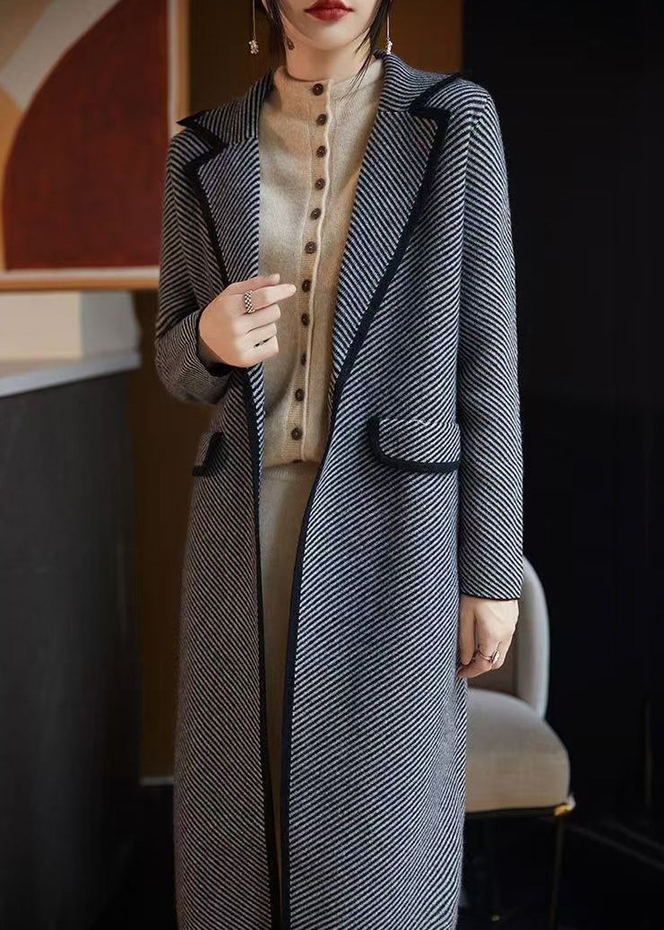 French Blue Striped Pockets Woolen Coats Fall AB1042 Genistyle Shop