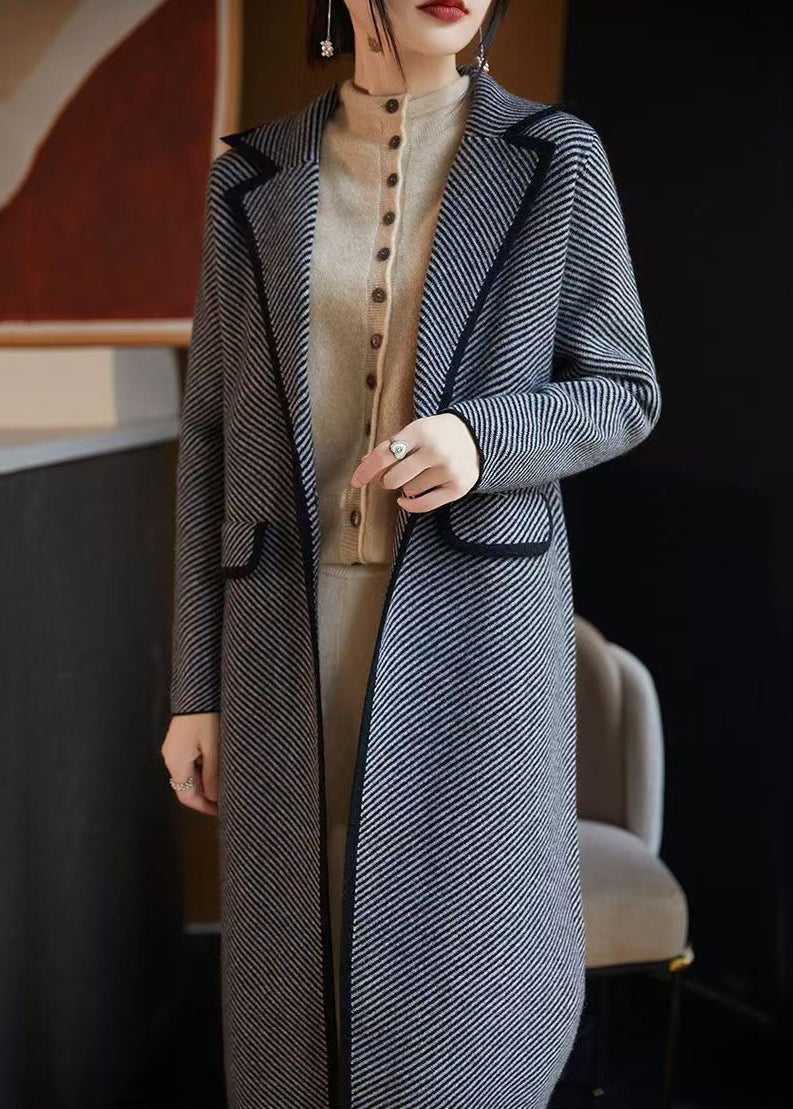 French Blue Striped Pockets Woolen Coats Fall AB1042 Genistyle Shop