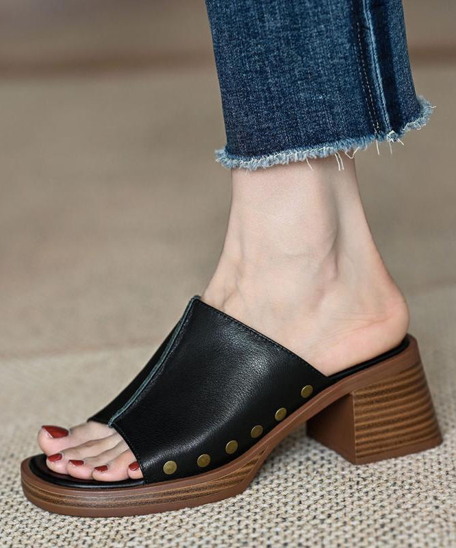 French Toe Peep Rivet Chunky Heel Splicing Sandals Brown Slide FashionChic