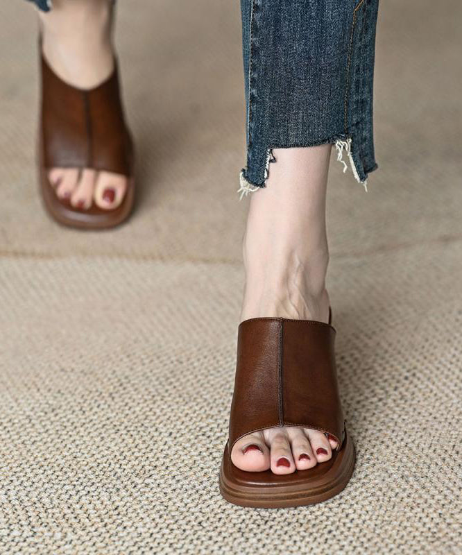 French Toe Peep Rivet Chunky Heel Splicing Sandals Brown Slide FashionChic