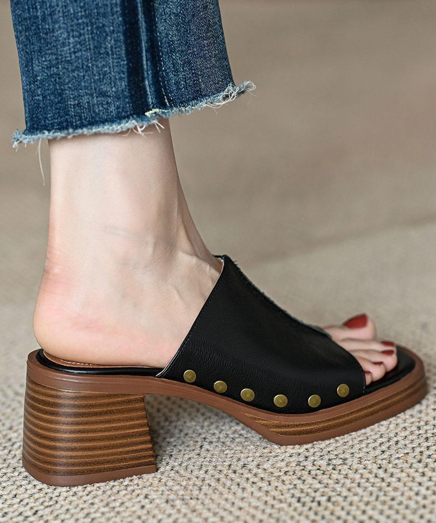 French Toe Peep Rivet Chunky Heel Splicing Sandals Brown Slide FashionChic