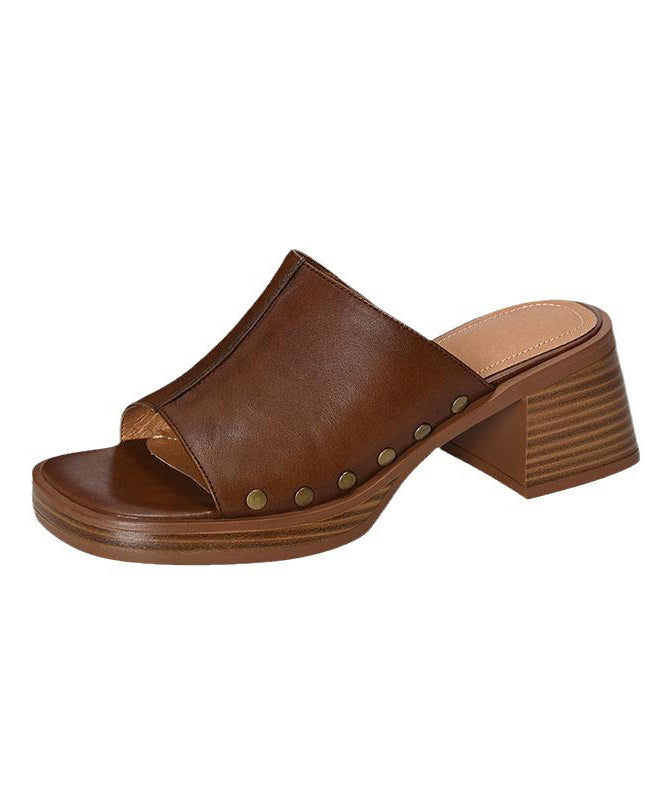 French Toe Peep Rivet Chunky Heel Splicing Sandals Brown Slide FashionChic