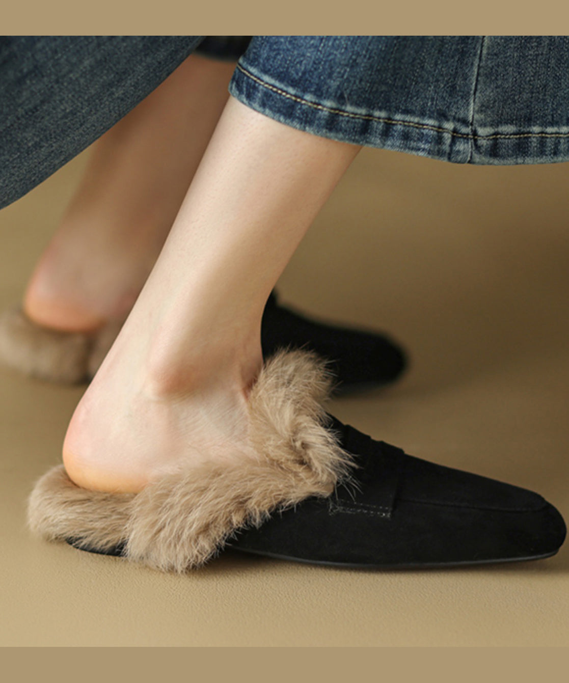 French Brown Suede Splicing Slippers Shoes Fuzzy Wool Lined YC011 ABC