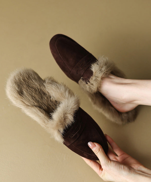 French Brown Suede Splicing Slippers Shoes Fuzzy Wool Lined YC011 ABC
