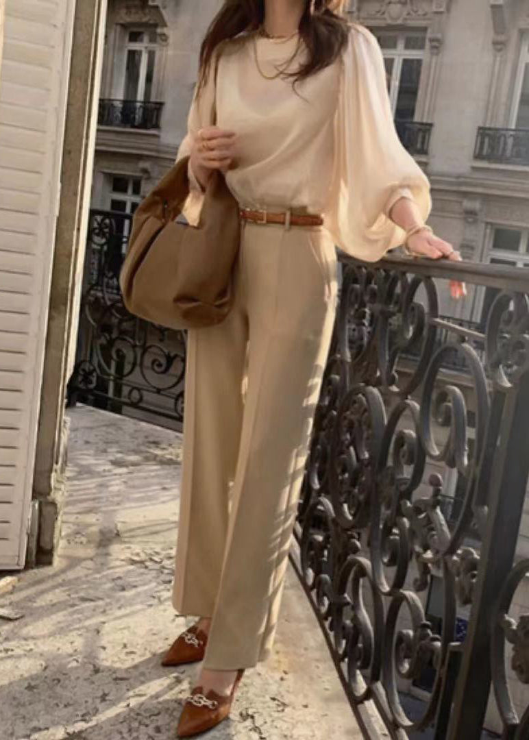 Silk Lantern Draping Sleeve French Blouses Champagne Sheer FashionChic