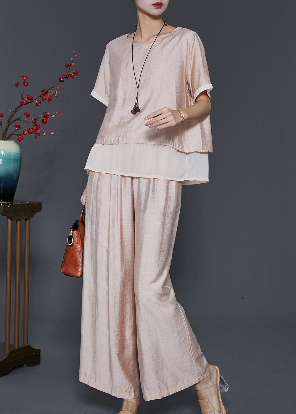 French Champagne Oversized Patchwork Linen Silk 2 Piece Outfit Summer SD1081 Ada Fashion