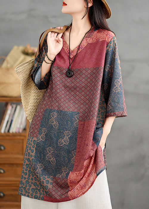 Shirts Neck V Bracelet Print French Colorblock Linen Sleeve FashionChic