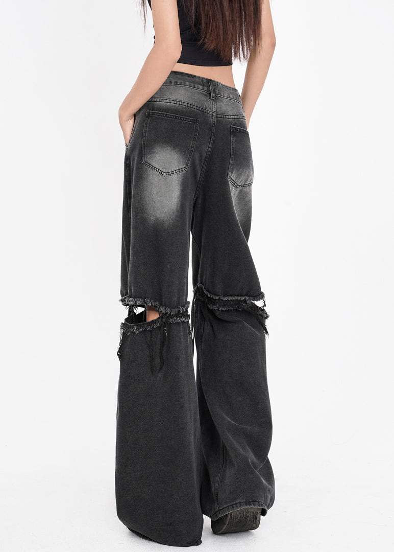 French Dark Gray Pockets Hole Patchwork Pants Summer AW1012 OM-NZ240827