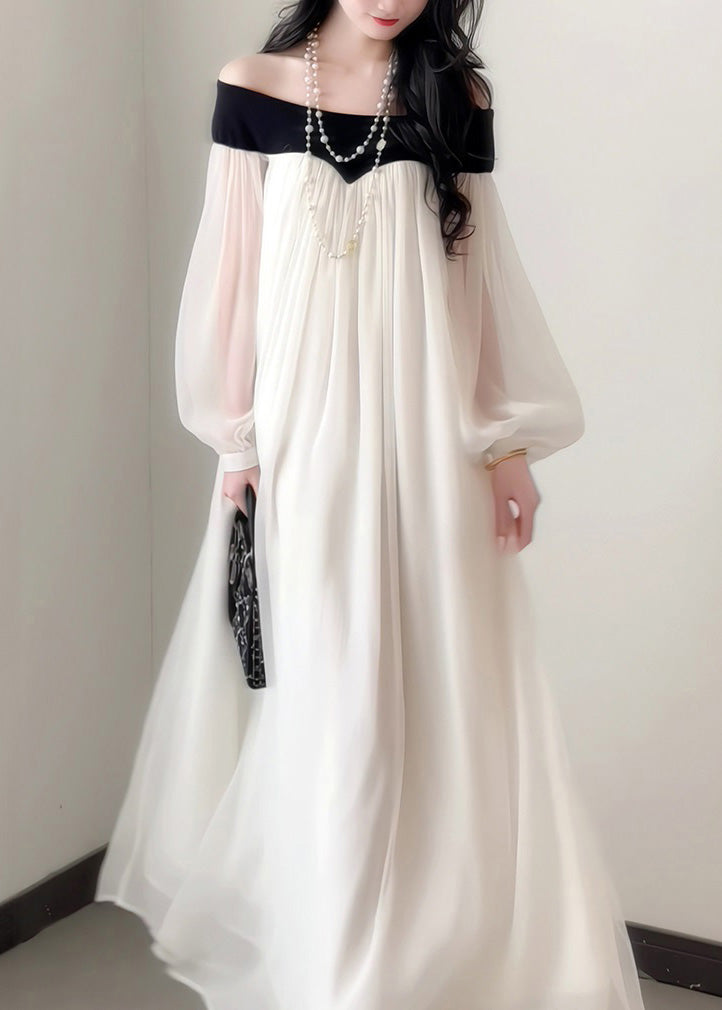 Dress French Neck Slash Sleeves Elegant Lantern Chiffon FashionChic