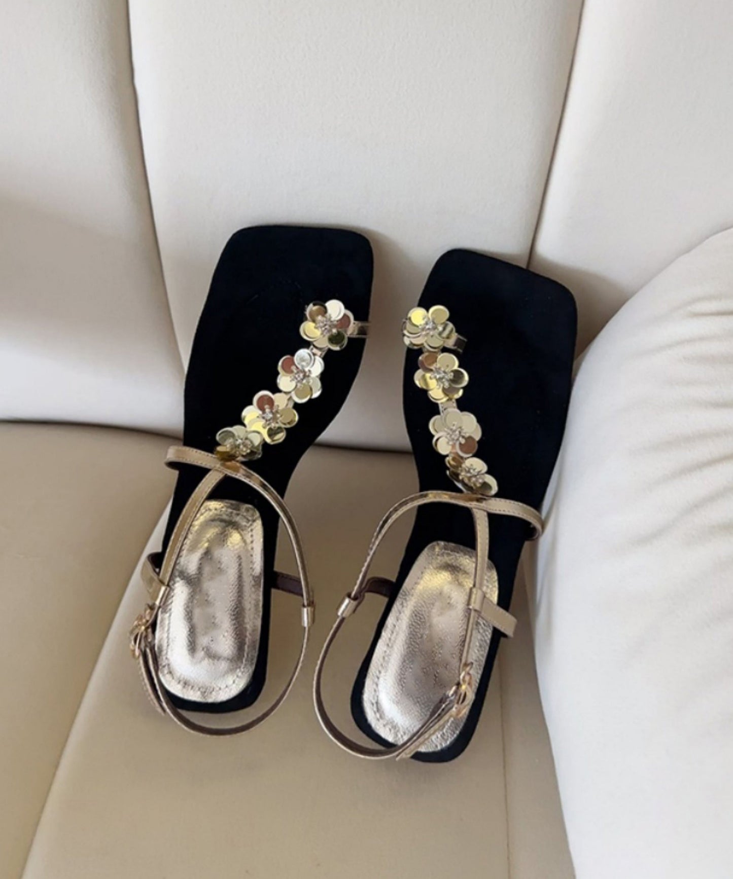 Wedge Sandals Leather Gold Faux French Heels Floral FashionChic
