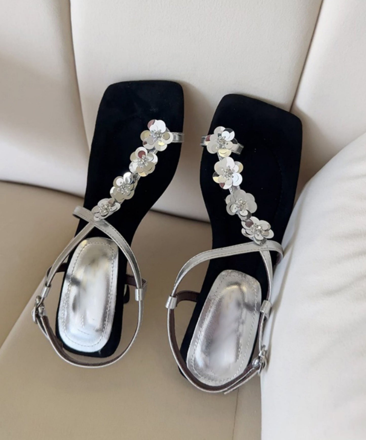 Wedge Sandals Leather Gold Faux French Heels Floral FashionChic
