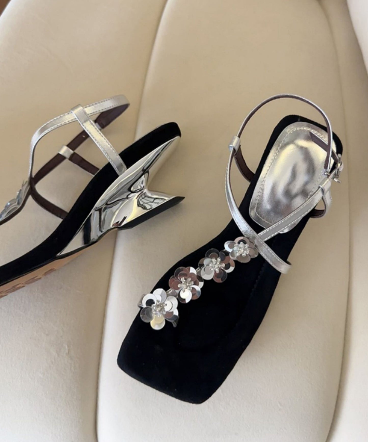 Wedge Sandals Leather Gold Faux French Heels Floral FashionChic