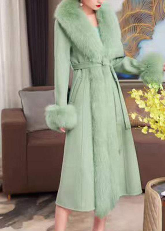 French Green Fox Collar Pockets Patchwork Tie Waist Maxi Woolen Coat Winter RD002 ABC