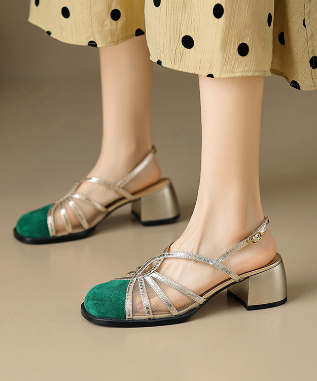French Green Hollow Out Tulle Splicing Chunky Heel Sandals XC1040 Ada Fashion