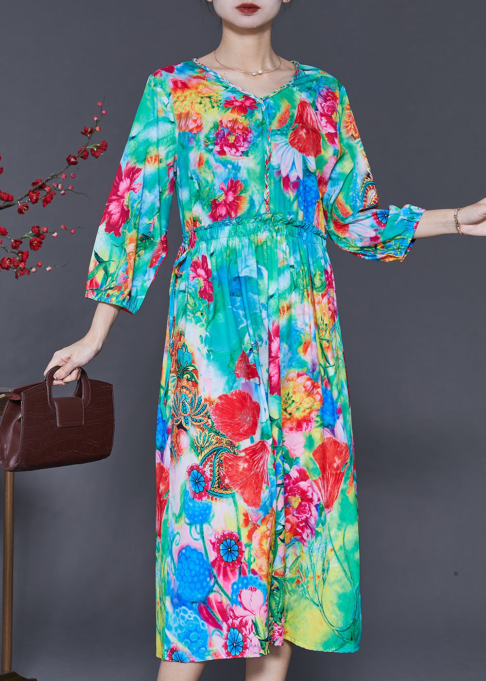 French Green Ruffled Print Exra Large Hem Silk Beach Dress Spring SD1036 Ada Fashion