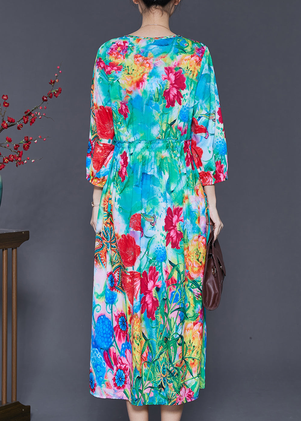 French Green Ruffled Print Exra Large Hem Silk Beach Dress Spring SD1036 Ada Fashion