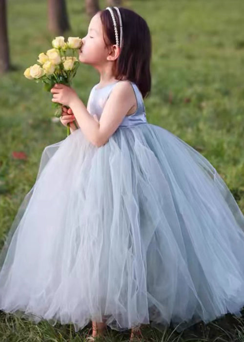 French Grey Backless Patchwork Tulle Girls Maxi Dress Sleeveless TT025 WS-JRTZSDGL240817