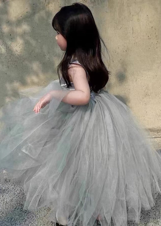 French Grey Backless Patchwork Tulle Girls Maxi Dress Sleeveless TT025 WS-JRTZSDGL240817