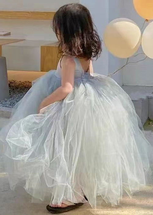 French Grey Backless Patchwork Tulle Girls Maxi Dress Sleeveless TT025 WS-JRTZSDGL240817