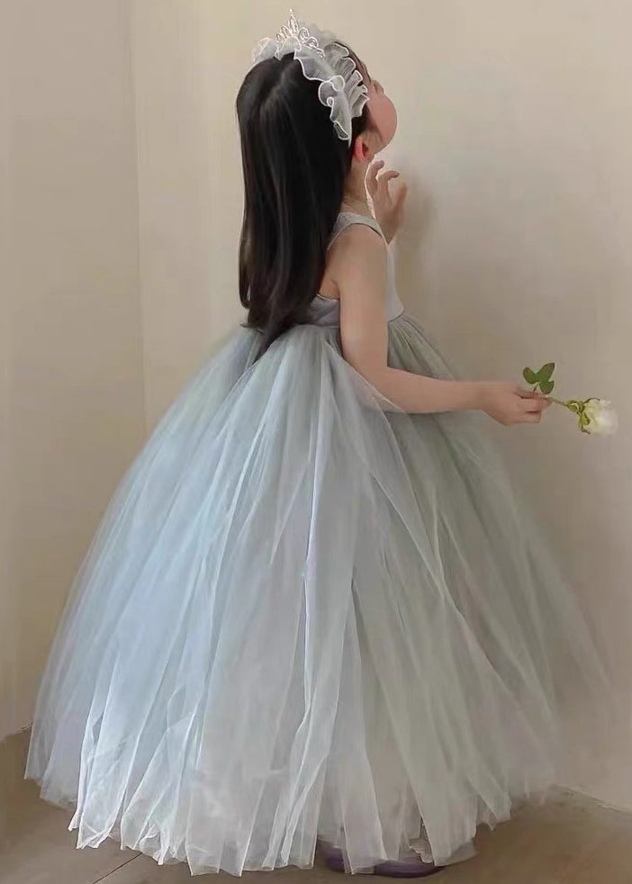 French Grey Backless Patchwork Tulle Girls Maxi Dress Sleeveless TT025 WS-JRTZSDGL240817
