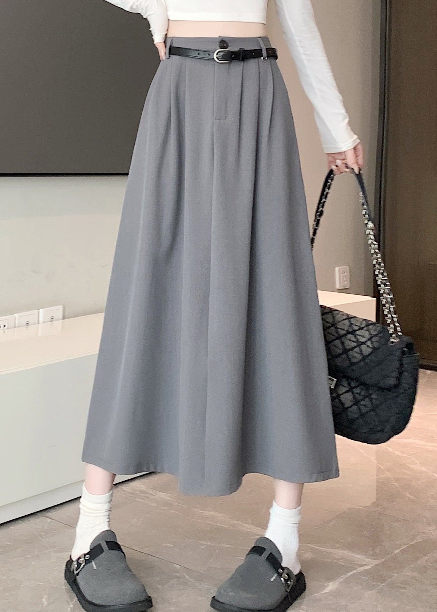 French Grey High Waist Exra Large Hem Skirt Spring QQ1029 Ada Fashion