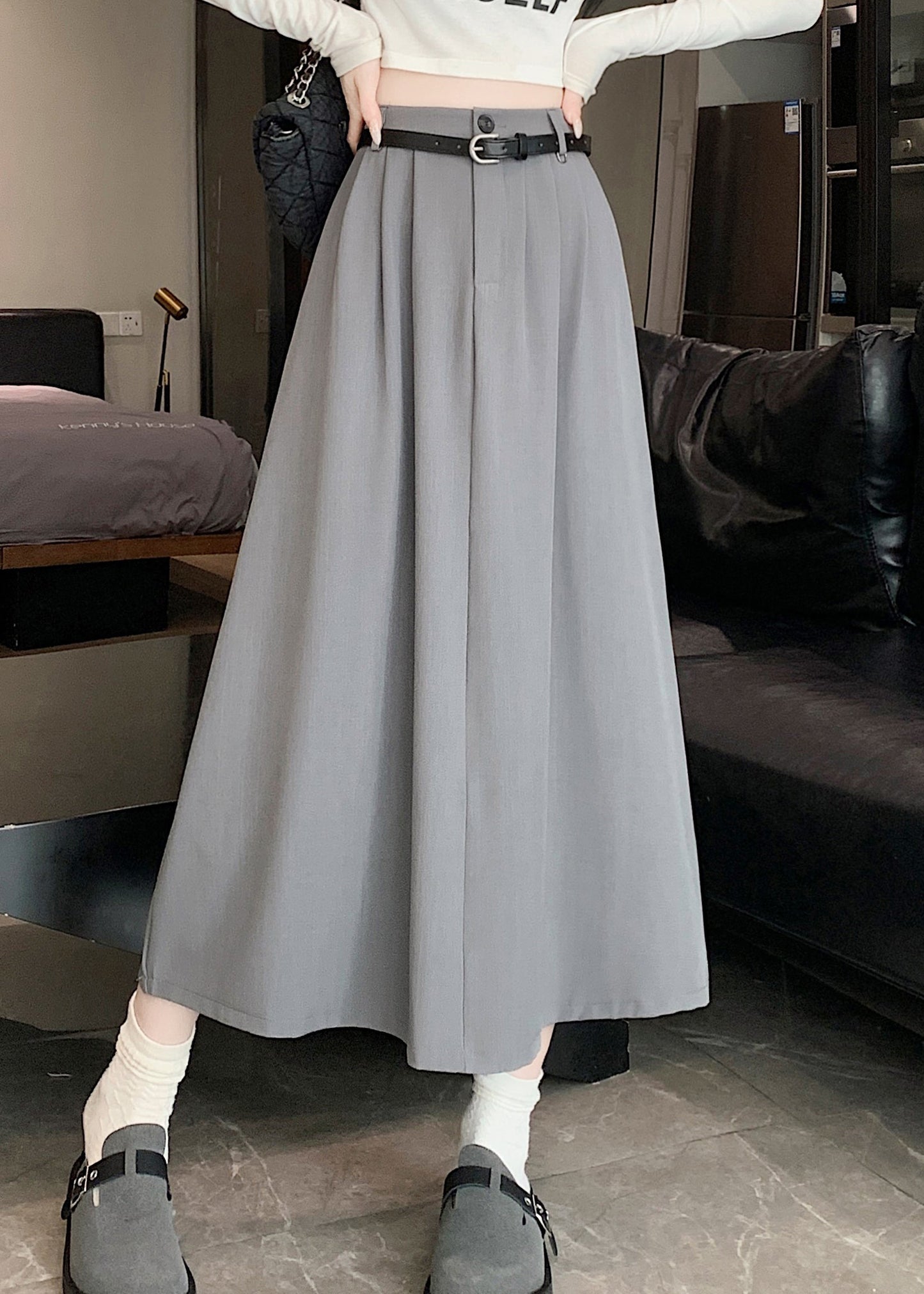 French Grey High Waist Exra Large Hem Skirt Spring QQ1029 Ada Fashion