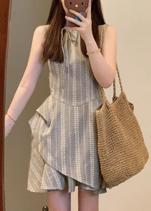 Cotton Grey French Sleeveless Dress Mini Lace Up Striped FashionChic