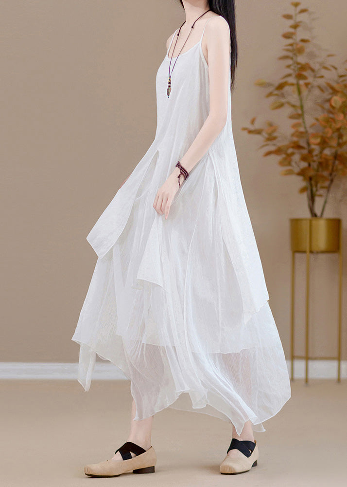 French Khaki Asymmetrical Patchwork Cotton Spaghetti Strap Dress Sleeveless LK010 GK-SDL240710